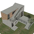 Modern Guesthouse Building With Concrete Wooden Facade Staircase Balcony Black Railing And Green Plant