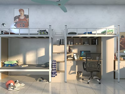 Functional Student Dorm Room With Bunk Beds Desk Chair Bookshelf Poster And Ceiling Fan 3d model