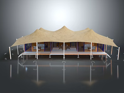 Spacious Beige Canvas Tent With Multiple Peaked Roofs Elevated Wooden Platform and Open Interior Space 3d model