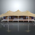 Spacious Beige Canvas Tent With Multiple Peaked Roofs Elevated Wooden Platform and Open Interior Space