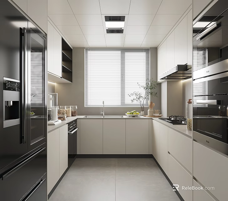 Modern Kitchen Interior With White Cabinets Black Refrigerator Countertop And Window Blinds 3d model 