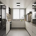 Modern Kitchen Interior With White Cabinets Black Refrigerator Countertop And Window Blinds