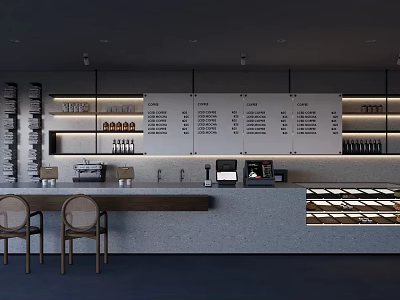 Modern Minimalist Restaurant Interior With Gray Bar Counter White Menu Boards And Display Case 3d model
