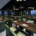 Modern Restaurant Interior With Dining Tables Chairs Hanging Lights And Green Plants
