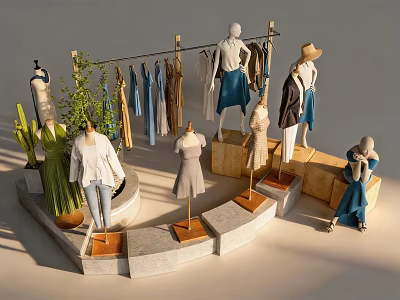 Stylish Clothing Store Display Featuring Hanging Apparel Mannequins And Potted Plants 3d model