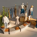 Stylish Clothing Store Display Featuring Hanging Apparel Mannequins And Potted Plants