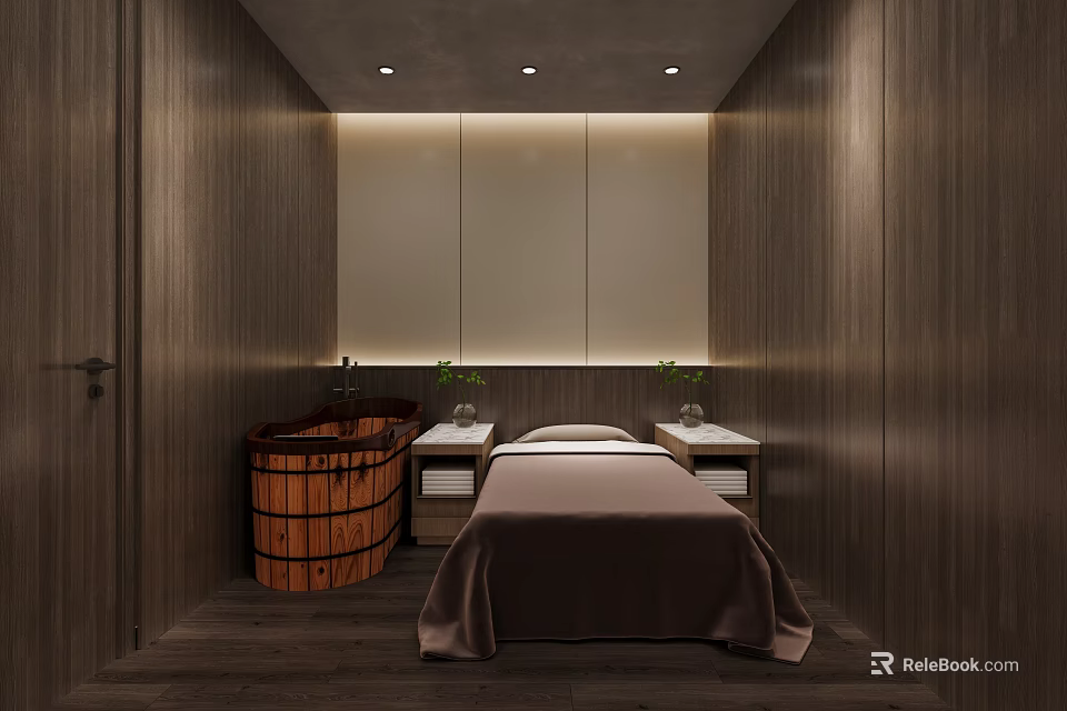 Spa Treatment Room Interior With Wooden Bathtub Massage Bed Green Plants And Warm Lighting 3d model 