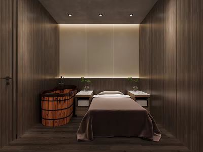 Spa Treatment Room Interior With Wooden Bathtub Massage Bed Green Plants And Warm Lighting 3d model