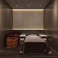 Spa Treatment Room Interior With Wooden Bathtub Massage Bed Green Plants And Warm Lighting