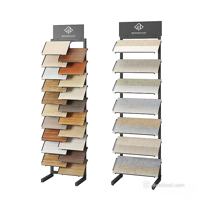 Commercial Display Racks Showcasing Tile Samples With Wooden And Stone Materials 3d model 
