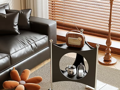 Modern Black Side Table With Metal Frame In Living Room Near Leather Sofa And Flower Decor 3d model