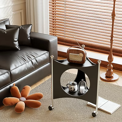 Modern Black Side Table With Metal Frame In Living Room Near Leather Sofa And Flower Decor 3d model