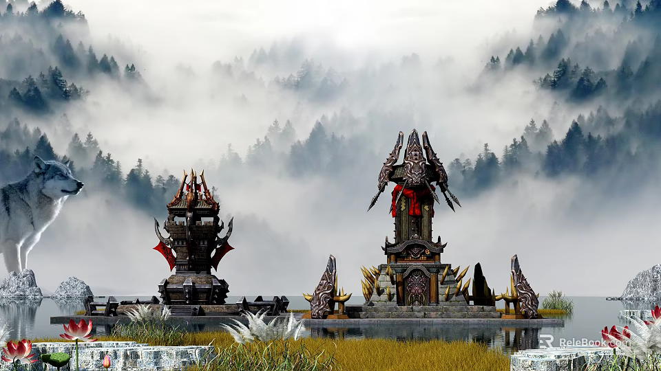Cartoon Scene with Mystical Towers Red Decorations Misty Forest Water And Grassland 3d model 