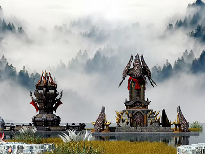 Cartoon Scene with Mystical Towers Red Decorations Misty Forest Water And Grassland 3d model