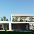 Modern Detached Villa Exterior With Large Glass Windows Green Lawn And Surrounding Greenery