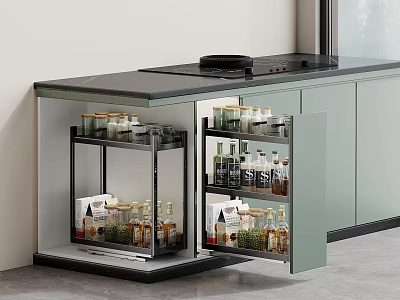 Modern Kitchen Cabinets with Pull-out Storage Baskets for Organizing Bottles and Jars 3d model