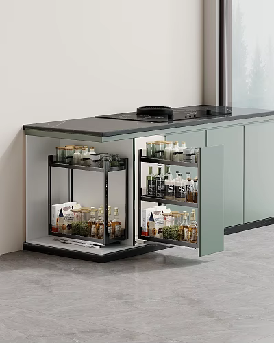 Modern Kitchen Cabinets with Pull-out Storage Baskets for Organizing Bottles and Jars 3d model