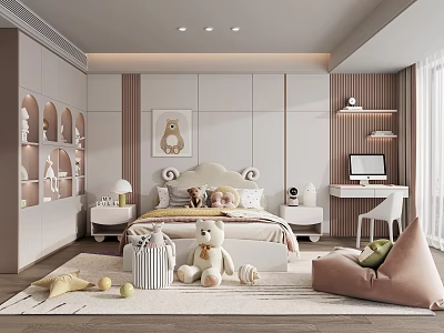 Modern Kids Room Interior With Cozy Bed Plush Toys And Shelves 3d model