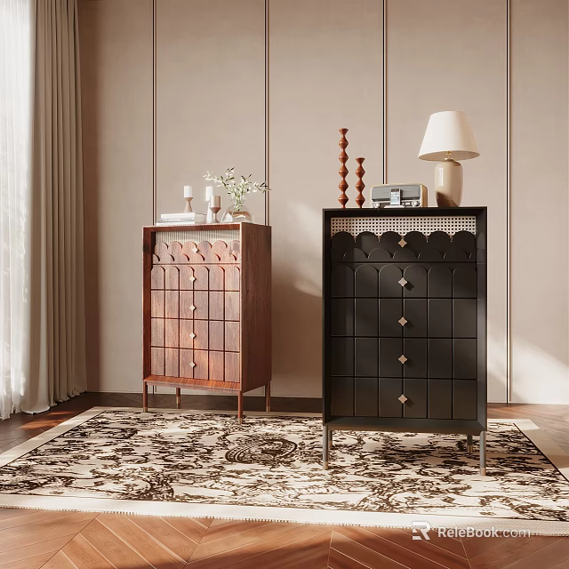 Brown And Black Entryway Side Cabinets With Decorative Items And Table Lamp In Modern Interior 3d model 