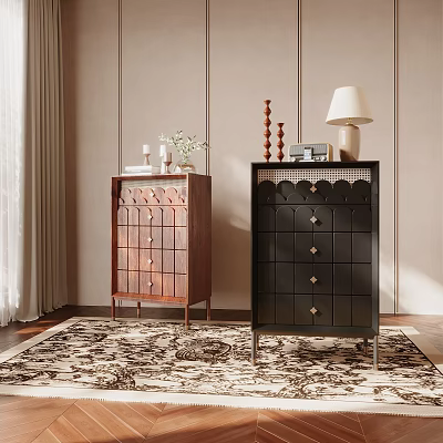 Brown And Black Entryway Side Cabinets With Decorative Items And Table Lamp In Modern Interior 3d model