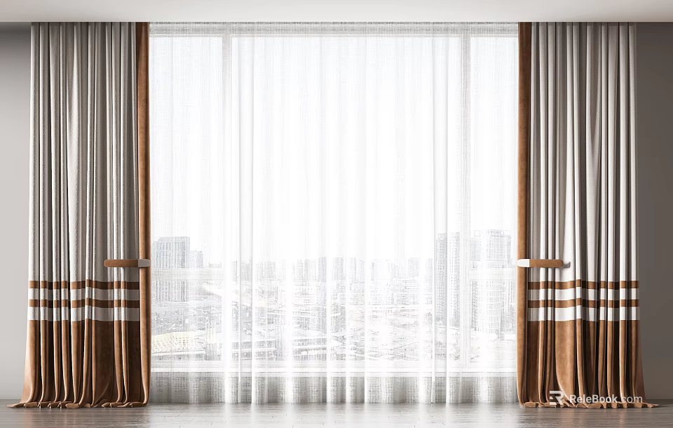 Brown And White Striped Curtains With Sheer Panels For Window City View Interior 3d model 