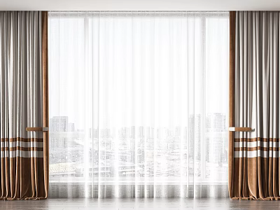 Brown And White Striped Curtains With Sheer Panels For Window City View Interior 3d model