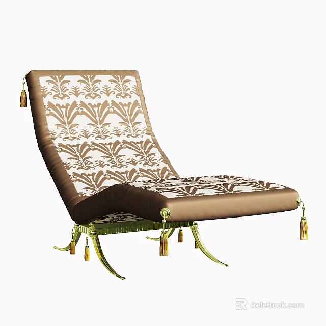 Elegant Chaise Lounge With Brown And White Floral Pattern Upholstery And Gold Legs With Tassels 3d model 