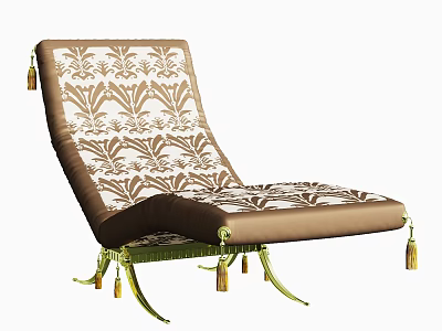 Elegant Chaise Lounge With Brown And White Floral Pattern Upholstery And Gold Legs With Tassels 3d model