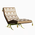 Elegant Chaise Lounge With Brown And White Floral Pattern Upholstery And Gold Legs With Tassels