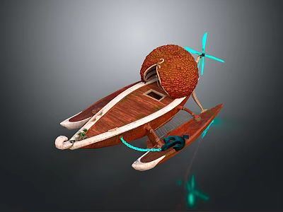 Unique Interstellar Spaceship Concept With Wooden Structure Orange Dome And Blue Propellers 3d model