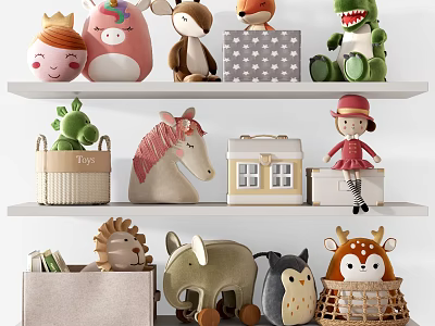 Plush Toys Display On Shelves For Kids Room 3d model