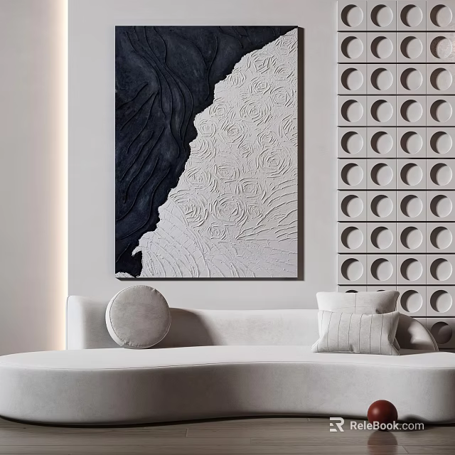 Modern Minimalist Interior With White Sofa Abstract Art And Circular Wall Decor 3d model