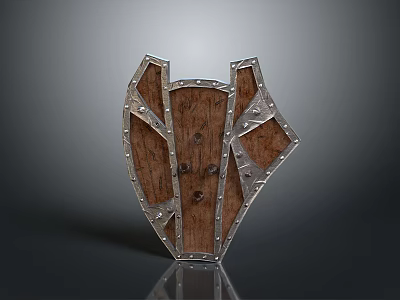 Medieval Wooden Shield With Metal Rivets And Decorative Symmetrical Design Elements 3d model