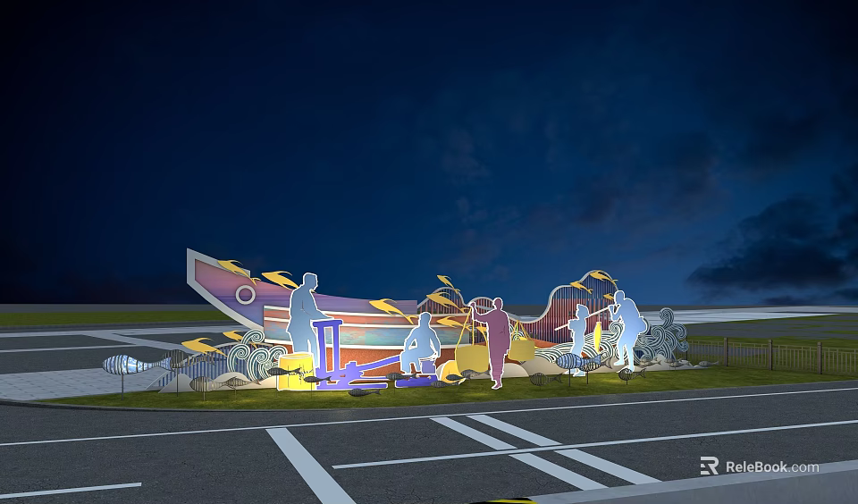 Night Scene Featuring Large Colorful Silhouette Sculpture Human Figures Dark Sky And White Ground Lines 3d model 