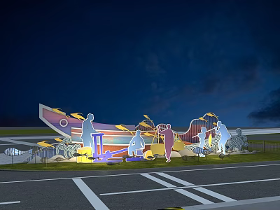 Night Scene Featuring Large Colorful Silhouette Sculpture Human Figures Dark Sky And White Ground Lines 3d model
