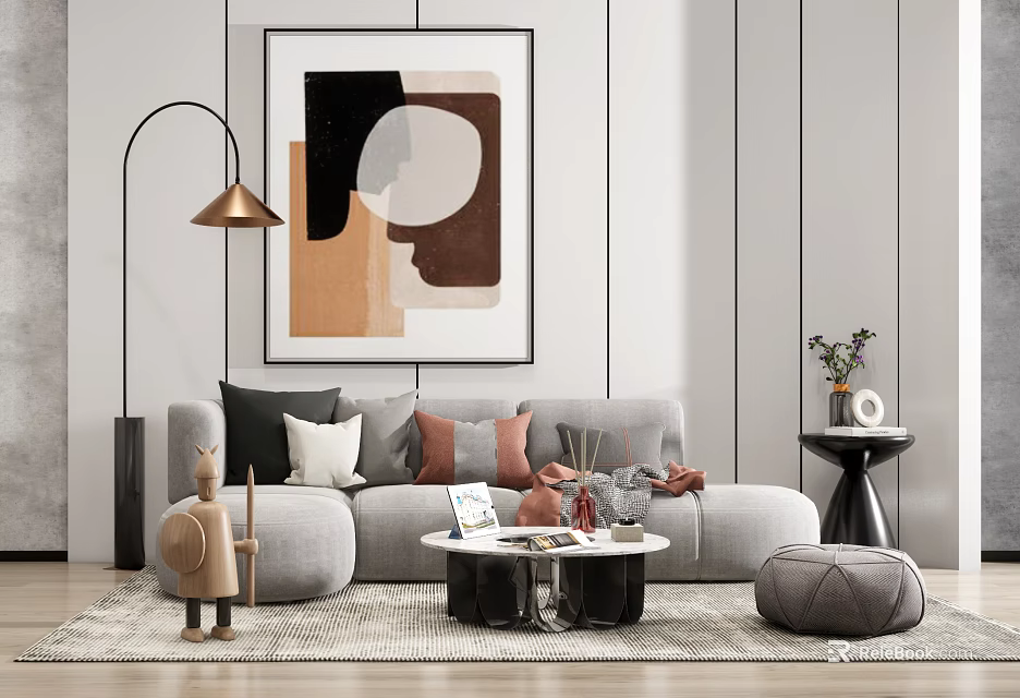Modern Grey Sofa Coffee Table Set With Colorful Cushions Abstract Painting And Floor Lamp 3d model 