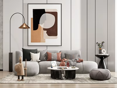 Modern Grey Sofa Coffee Table Set With Colorful Cushions Abstract Painting And Floor Lamp 3d model