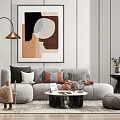 Modern Grey Sofa Coffee Table Set With Colorful Cushions Abstract Painting And Floor Lamp
