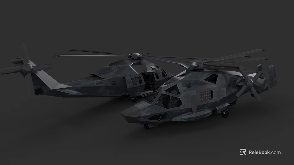 Two Modern Military Helicopters With Dark Camouflage And Rotor Systems 3d model 