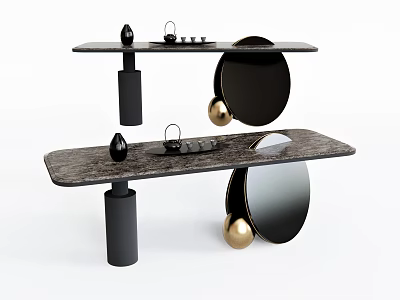 Modern Minimalist Tea Table And Chairs With Black Gold Circular Cylindrical Design 3d model