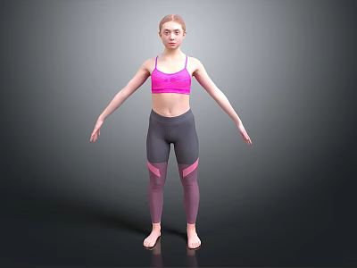 Woman in pink sports bra and grey leggings standing with arms outstretched against grey background 3d model