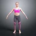 Woman in pink sports bra and grey leggings standing with arms outstretched against grey background