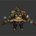 Orc Warrior Character With Muscular Build Wearing Helmet Armor Holding Drum Red Symbol And Weapons