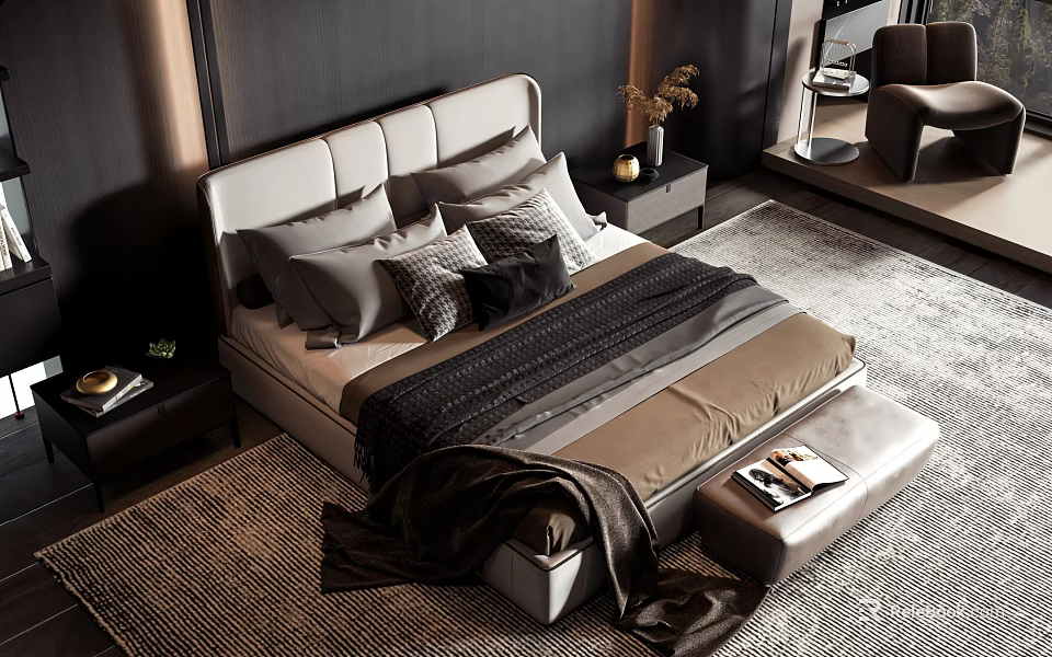 Modern Double Bed with Light Headboard Plush Pillows Ottoman and Nightstand on Soft Rug 3d model 