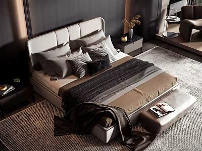 Modern Double Bed with Light Headboard Plush Pillows Ottoman and Nightstand on Soft Rug 3d model