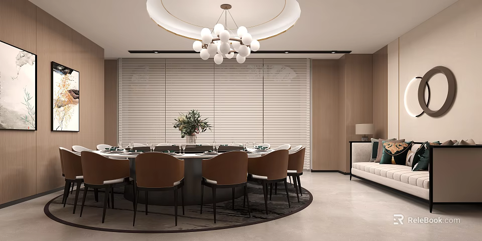 Elegant Modern Private Dining Room With Round Table And Chandelier 3d model