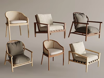 Various Designs Dining Chairs with Wooden Frames Rattan Details and Comfortable Fabric Cushions 3d model