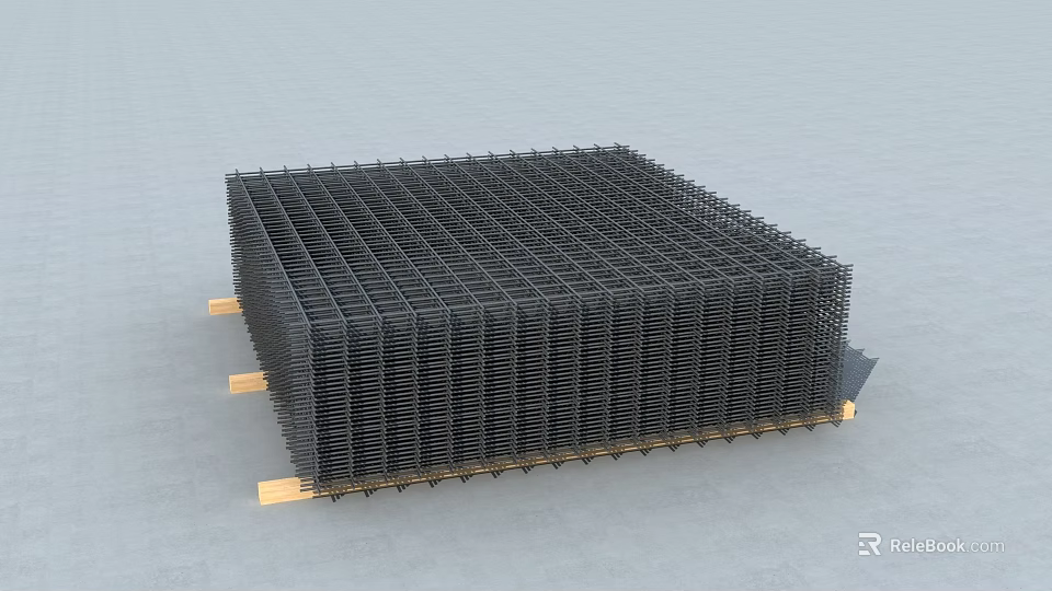 Black Steel Mesh Construction Component For Building Reinforcement With Wooden Supports 3d model 