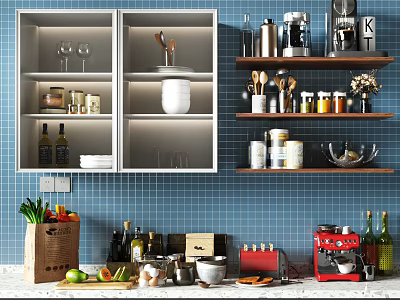 Stylish Kitchenware Display on Blue Tile Wall With Open Cabinets and Countertop Appliances 3d model