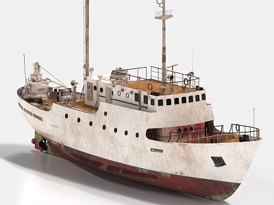 Old White and Red Ship With Weathered Deck and Rustic Hull Structure 3d model